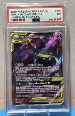 2019 Muk & Alolan Muk GX 196/214 Sun And Moon Unbroken Bonds PSA 7 Pokemon TCG - Image 1