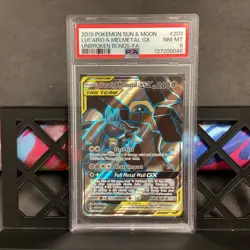 2019 POKEMON SUN & MOON UNBROKEN BONDS #203 FULL ART/LUCARIO & MELMETAL GX PSA 8 - Image 1