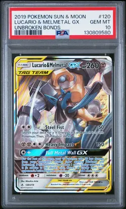 2019 POKEMON SUN & MOON UNBROKEN BONDS #120 LUCARIO & MELMETAL GX PSA 10 - Image 1