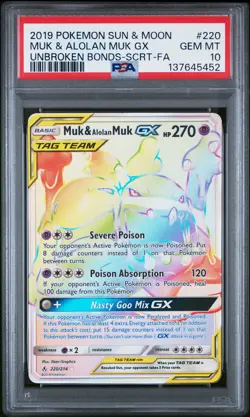 2019 POKEMON SUN & MOON UNBROKEN BONDS #220 FULL ART/MUK & ALOLAN MUK GX PSA 10 - Image 1