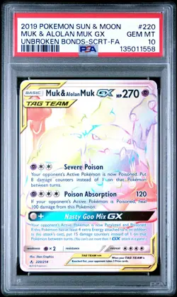 2019 POKEMON SUN & MOON UNBROKEN BONDS #220 FULL ART/MUK & ALOLAN MUK GX PSA 10 - Image 1