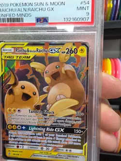 PSA 9 Mint Pokemon Raichu Alolan Raichu GX 54 Unified Minds Tag Team Tcg Card - Image 5