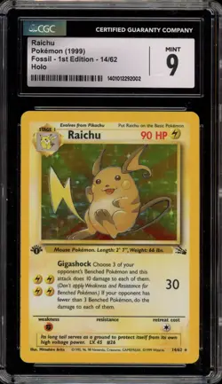 Pokemon Raichu Fossil 1st Edition Holo Rare #14 CGC 9 Mint - Image 1