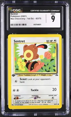 CGC MINT 9 Pokemon Sentret 63/75 2001 Neo Discovery 1st Edition - Image 1