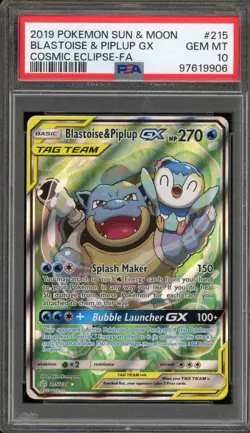 Pokemon Blastoise & Piplup GX Cosmic Eclipse Full Alt Art #215 PSA 10 Gem Mint - Image 1