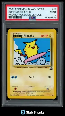 2001 POKEMON WIZARDS BLACK STAR PROMOS #28 SURFING PIKACHU POKEMON LEAGUE PSA 9 - Image 1