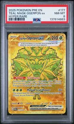 2025 POKEMON PRE EN-PRISMATIC EVOLUTIONS HYPER RARE TEAL MASK OGERPON EX PSA 8 - Image 1