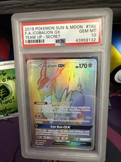 2019 Pokemon Sun Moon Team Up Cobalion GX FA Rainbow Secret Rare #189/181 PSA 10 - Image 1