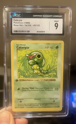 Pokemon Caterpie 045/102 Base Set Shadowless 1st First Edition Card CGC 9 - Image 1
