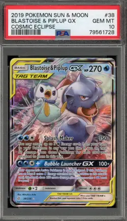 Pokemon Blastoise & Piplup GX Cosmic Eclipse Holo Ultra Rare #38 PSA 10 Gem Mint - Image 1