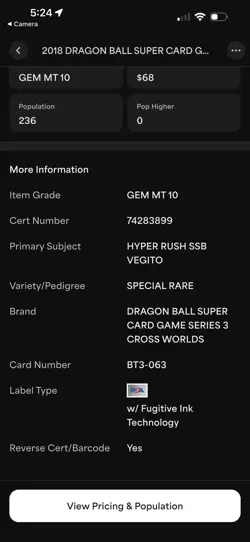 Hyper Rush SSB Vegito SPR BT3-063 PSA 10 - Gem Mint Dragon Ball Super Card Game - Image 3