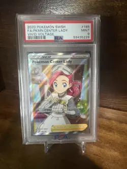 PSA 9 MINT Pokemon Center Lady 185/185 SWSH Vivid Voltage TCG Full Art Trainer - Image 1