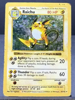 Raichu 14/102 Shadowless Holo Base Set Vintage Pokemon 1999 Damaged DMG - Image 1