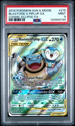 2019 POKEMON SUN & MOON COSMIC ECLIPSE #215 FULL ART/BLASTOISE & PIPLUP GX PSA 9 - Image 1