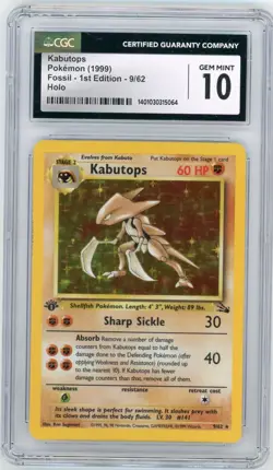 1999 POKEMON FOSSIL 1ST EDITION #9 KABUTOPS HOLO CGC 10 GEM MINT - Image 1
