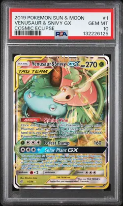 2019 POKEMON SUN & MOON COSMIC ECLIPSE #1 VENUSAUR & SNIVY GX PSA 10 - Image 1