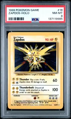 1999 POKEMON BASE SET UNLIMITED #16 ZAPDOS-HOLO PSA 8 - Image 1