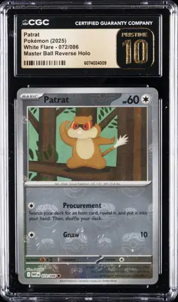 2025 POKEMON WHITE FLARE MASTER BALL REVERSE HOLO #072 PATRAT CGC 10 PRISTINE - Image 1