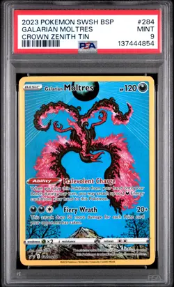 2023 POKEMON SWSH BLACK STAR PROMO CROWN ZENITH TIN #284 GALARIAN MOLTRES PSA 9 - Image 1
