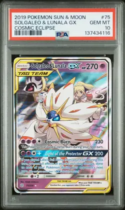 2019 POKEMON SUN & MOON COSMIC ECLIPSE #75 SOLGALEO & LUNALA GX PSA 10 - Image 1