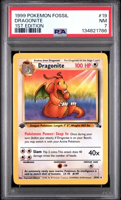1999 POKEMON FOSSIL 1ST EDITION #19 DRAGONITE PSA 7 - Image 1