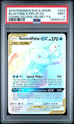 2019 POKEMON SUN & MOON COSMIC ECLIPSE #253 FULL ART/BLASTOISE & PIPLUP GX PSA 9 - Image 1