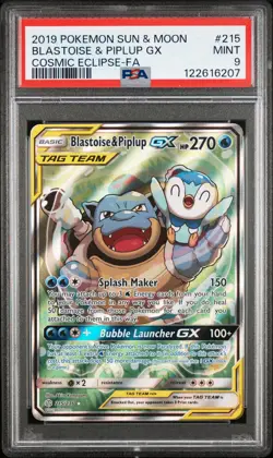 2019 POKEMON SUN & MOON COSMIC ECLIPSE #215 FULL ART/BLASTOISE & PIPLUP GX PSA 9 - Image 1