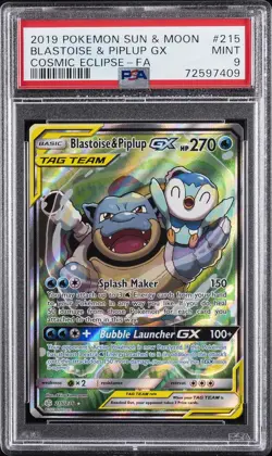 2019 POKEMON SUN & MOON COSMIC ECLIPSE #215 FULL ART/BLASTOISE & PIPLUP GX PSA 9 - Image 1