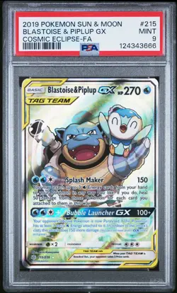 2019 POKEMON SUN & MOON COSMIC ECLIPSE #215 FULL ART/BLASTOISE & PIPLUP GX PSA 9 - Image 1