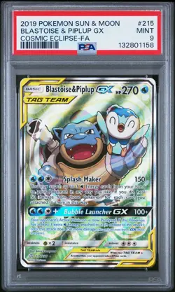 2019 POKEMON SUN & MOON COSMIC ECLIPSE #215 FULL ART/BLASTOISE & PIPLUP GX PSA 9 - Image 1