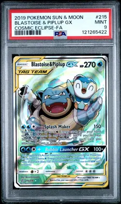 2019 POKEMON SUN & MOON COSMIC ECLIPSE #215 FULL ART/BLASTOISE & PIPLUP GX PSA 9 - Image 1