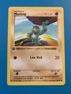 1st Edition Shadowless Machop 52/102 Base Set Rare Vintage Pokemon Card - Image 1