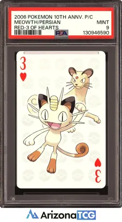 Pokemon 2006 Meowth/Persian Red 3 Of Hearts Pokemon 10th Annv Playing Card PSA 9 - Image 1