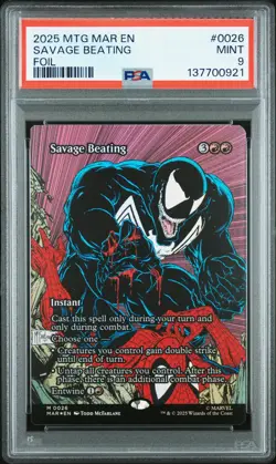 2025 MTG MARVEL'S SPIDER-MAN: SOURCE MATERIAL FOIL #0026 SAVAGE BEATING PSA 9 - Image 1