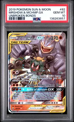 2019 POKEMON SUN & MOON UNBROKEN BONDS #82 MARSHADOW & MACHAMP GX PSA 10 - Image 1