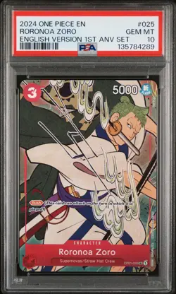 2024 ONE PIECE ENGLISH VERSION 1ST ANNIVERSARY SET #025 RORONOA ZORO PSA 10 - Image 1