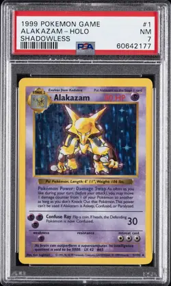 1999 POKEMON GAME BASE SET #1 ALAKAZAM HOLO SHADOWLESS PSA 7 - Image 1