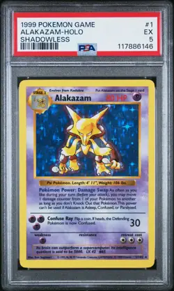 PSA 5 Pokemon Alakazam 1/102 WotC Base Set Shadowless Unlimited Holo Rare - Image 1
