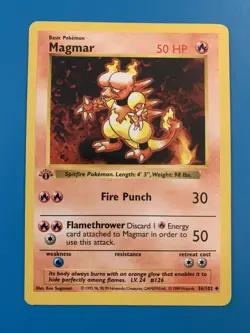 1st Edition Shadowless Magmar 36/102 Base Set Rare Vintage 1999 Pokemon Card - Image 1