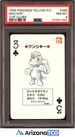 Pokemon 1998 Machop 066 3 Of Clubs Pokemon Yellow Playing Card Japanese PSA 8 - Image 1