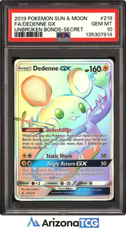 Pokemon 2019 Dedenne GX 219/214 Full Art SR Unbroken Bonds GEM MINT PSA 10 - Image 1