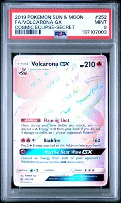 2019 POKEMON SUN & MOON COSMIC ECLIPSE SECRET #252 FULL ART/VOLCARONA GX PSA 9 - Image 1
