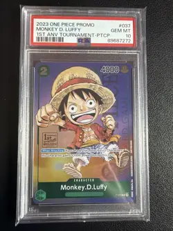 2023 ONE PIECE P-037 1ST ANNIVERSARY TOURNAMENT MONKEY D LUFFY ENGLISH PSA 10 - Image 1