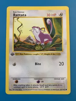 1st Edition Shadowless Rattata 61/102 Base Set Rare Vintage 1999 Pokemon Card - Image 1