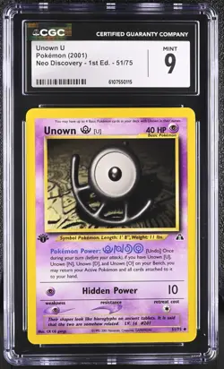 CGC MINT 9 Pokemon Unown U 51/75 2001 Neo Discovery 1st Edition - Image 1