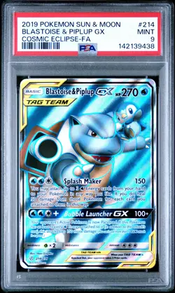 2019 POKEMON SUN & MOON COSMIC ECLIPSE #214 FULL ART/BLASTOISE & PIPLUP GX PSA 9 - Image 1