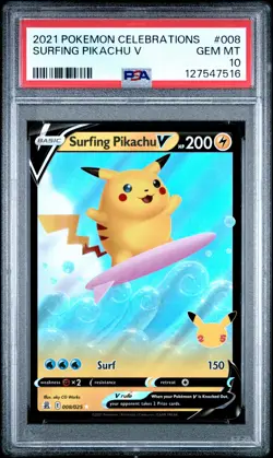 2021 POKEMON CELEBRATIONS #008 SURFING PIKACHU V PSA 10 - Image 1