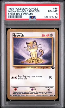 1999 POKEMON JUNGLE PROMO FRUIT ROLL PROMO #56 MEOWTH-GOLD BORDER PSA 8 - Image 1