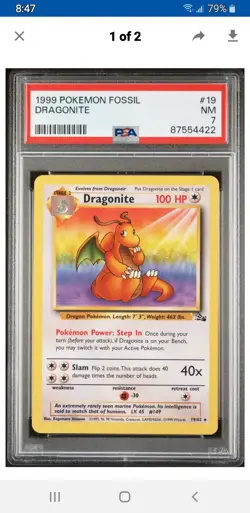 1999 Pokemon Fossil Dragonite Rare Unlimited PSA 7 - Image 1