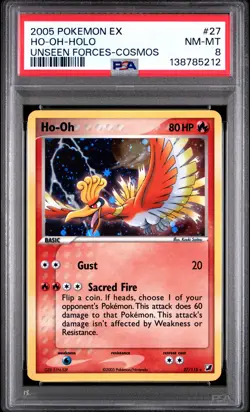 2005 POKEMON EX UNSEEN FORCES COSMOS #27 HO-OH-HOLO PSA 8 - Image 1